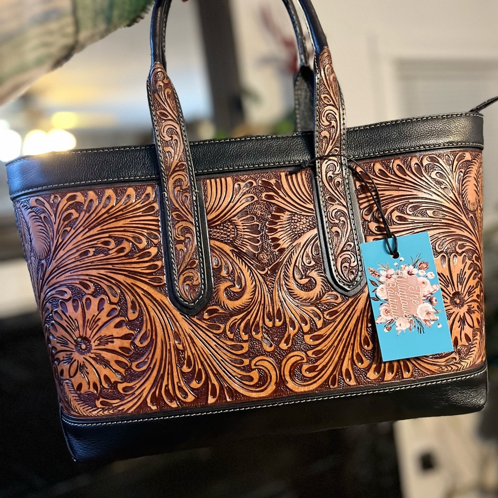 Floral Embossed Leather Tote Bag